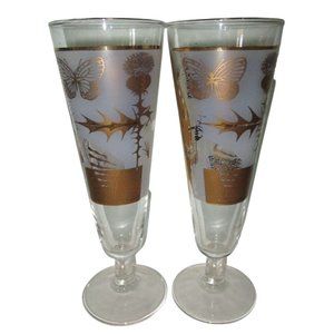 Butterfly Thistle Pilsners A Pair Gold Frost Mid Century Barware GUC